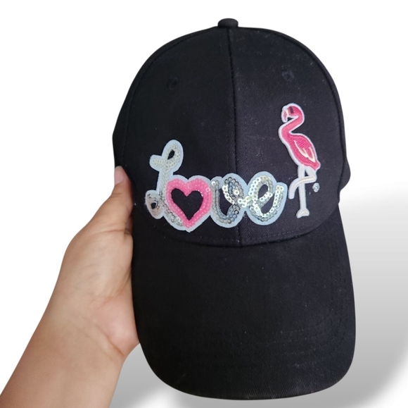 Women's Black Caps with Love and Flamingo Design Handmade-Personalized - Picture 1 of 8
